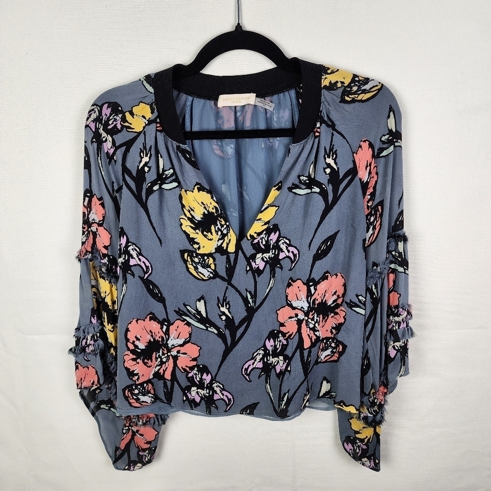 Ramy Brook 100% Silk Floral Print Fringe Peasant Sleeve Blouse Size Small‎
